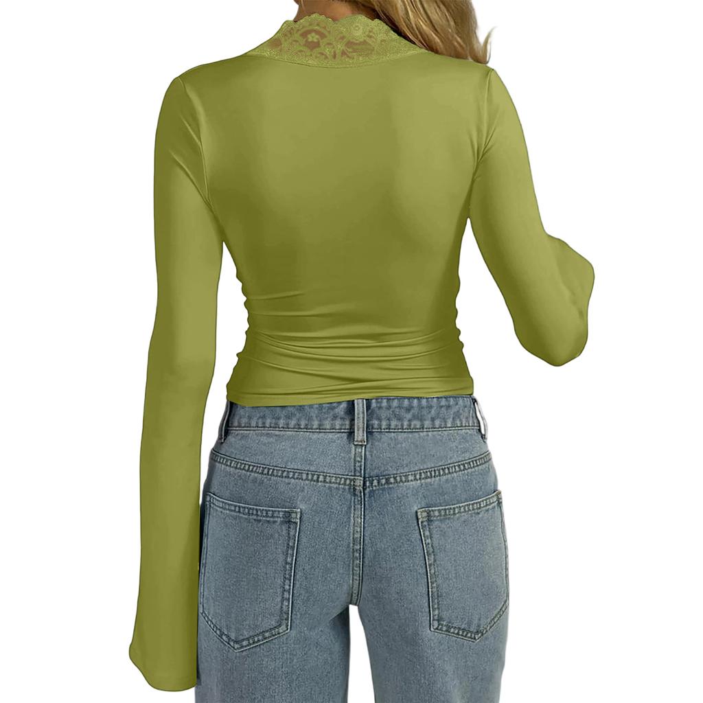 Damen Einfarbig Langärmlig Slim Fit V-Ausschnitt Patchwork Spitze Top