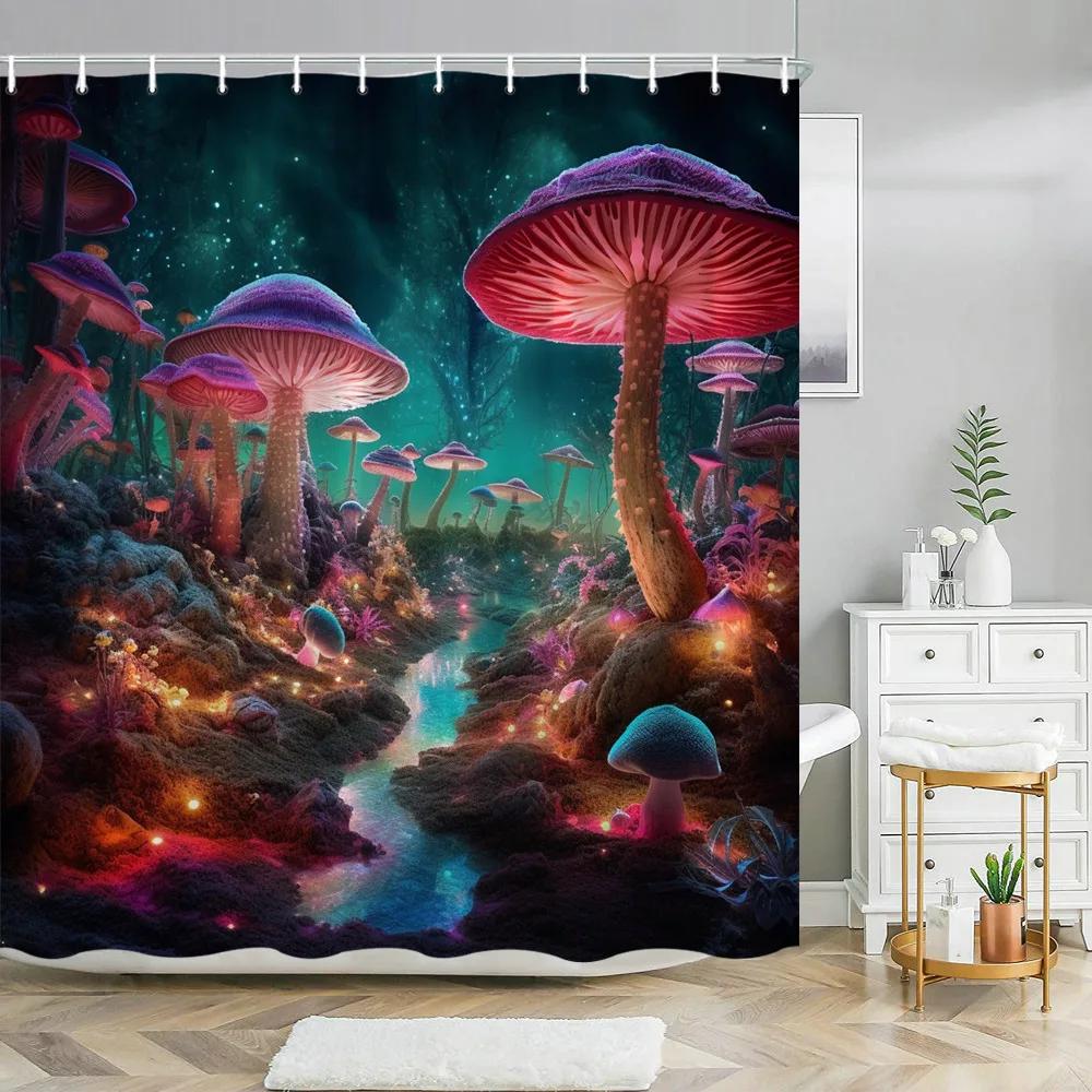 Fantasy Mushroom Shower Curtains Fairy Forest Tree Gothic Panel Jungle Green Zen River Bathroom Decor Shower Curtain With Hooks