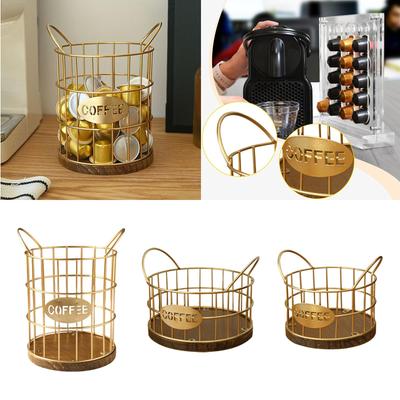 Coffee Pod Holder Coffee Pod Storage Basket Multifunctional Accessory , Golden for Coffee Lover Rustic Pod Container Wood Base