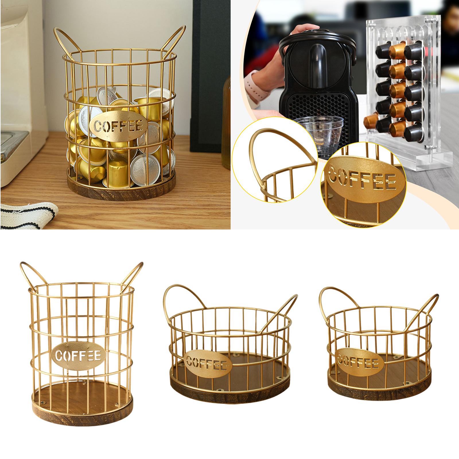 

Coffee Pod Holder Coffee Pod Storage Basket Multifunctional Accessory , Golden for Coffee Lover Rustic Pod Container Wood Base 15cmx11.5cm