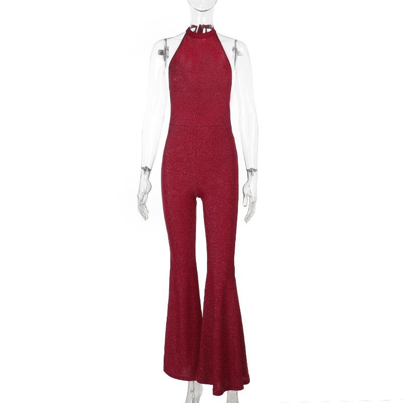 

Women s Jumpsuit Solid Color Halter Sequined Waist Cinching Flare Leg Pants Bodysuit Female 2026 Summer Fashion New Lady Outwears S красный