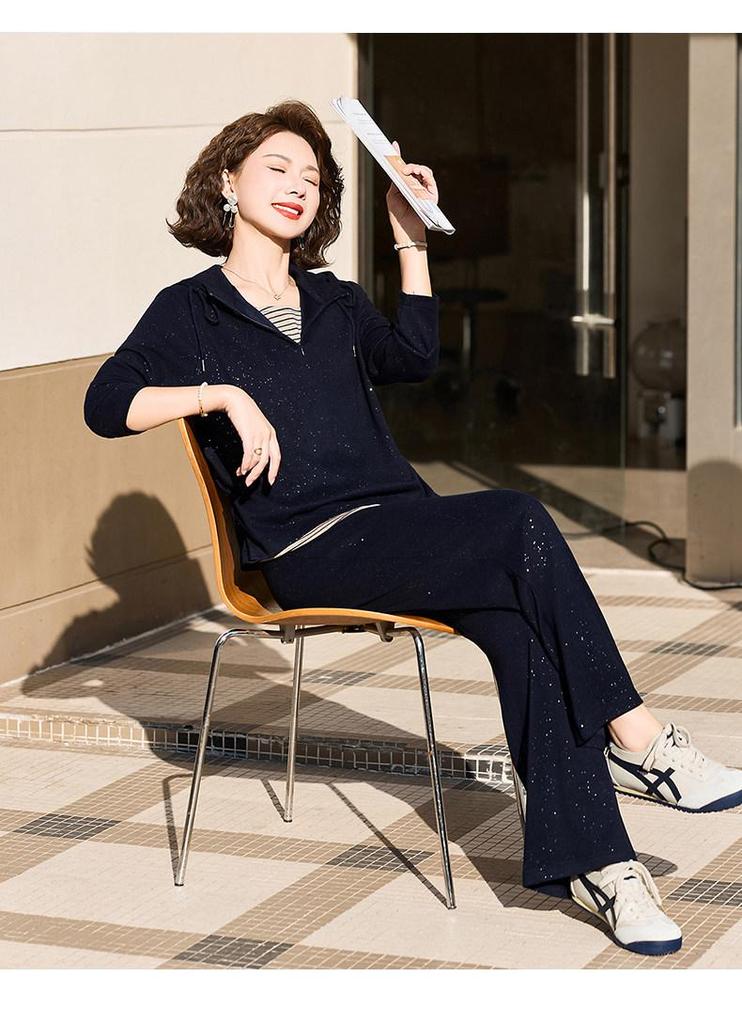 Elegant Spring Suit: Hoodie and Wide-Leg Trousers Set for Petite and Middle-Aged Women