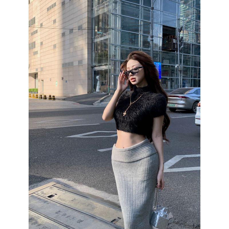 Kumikumi Pure Desire Style High Tie Oversleeve Plush Short Sweaters Women's Clothing Autumn Slimming Skirt Two-piece Set