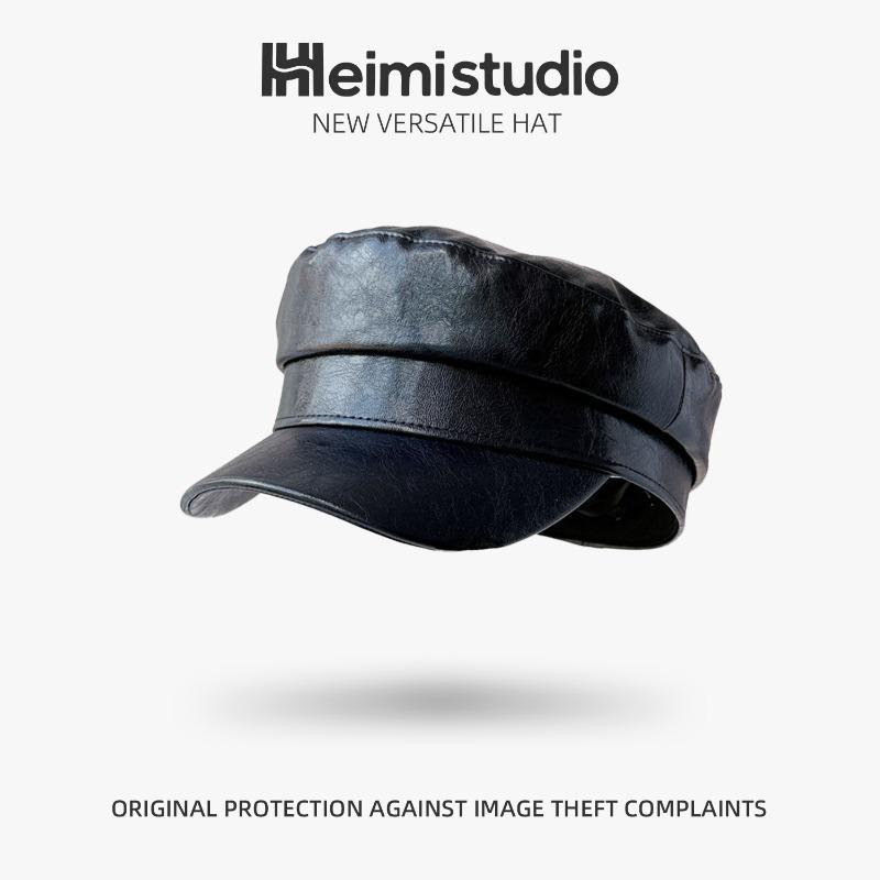 

25 ранняя осень новая осенне-зимняя шляпа женская личность черная темно-синяя шляпа осень британская женская шляпа с плоским верхом из ПУ отделка прилив тёмно-синий