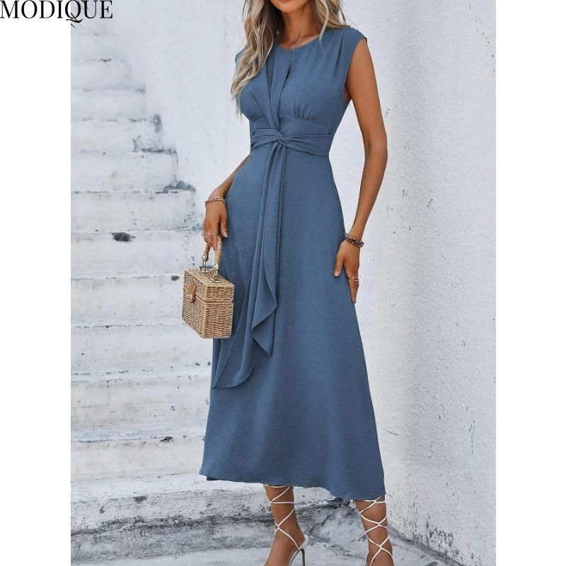 

MODIQUE 2025 Лето Плюс Размер Новое Женское Повседневное Однотонное Платье С Открытыми Плечами Эластичный Пояс Без Рукавов О-Образным Вырезом Длинное Платье M синий