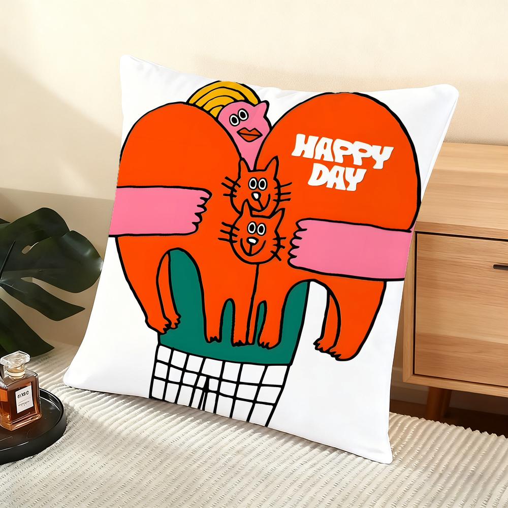 Flat Illustration Cushion Cover Silky Short Plush Home Sofa Cushion Cover - Invisible Zipper Home Decoration