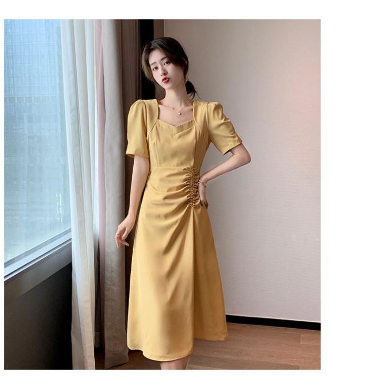 Vestido de verano de Color liso, elegante, con cuello cuadrado, cintura plisada, ajustado, manga de burbuja, vestido de moda