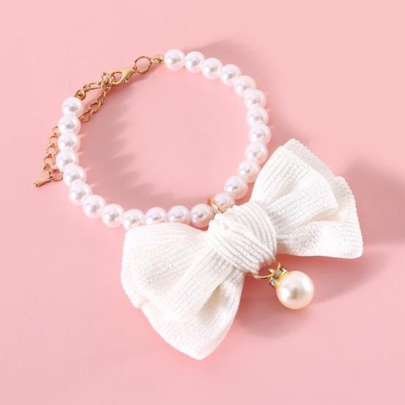 Pet Necklace Elegant Adjustable Cat Dog Collar with Faux Pearl Bow Cute Pet Neck Circle Pet Accessory