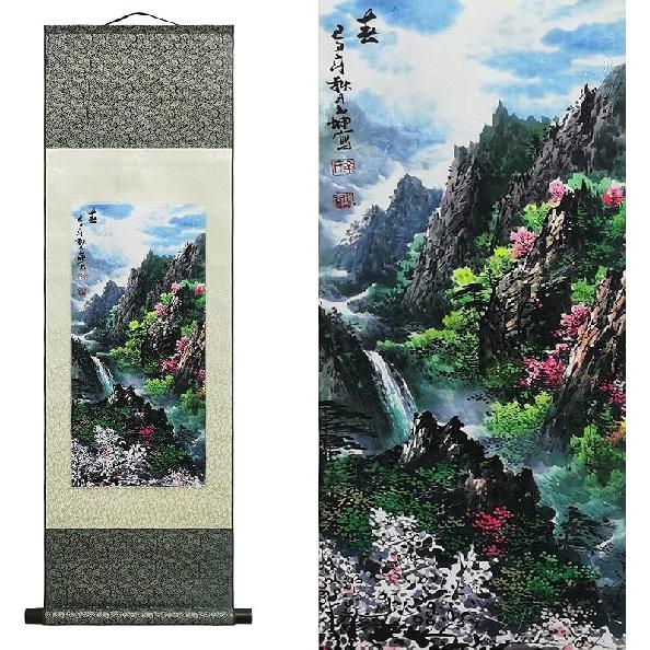 AtfArt Asian Wall Decor - Beautiful Silk Scroll Painting of Waterfall River Landscape - Mountain Spring Autumn Color Oriental Decor Chinese Art Wall