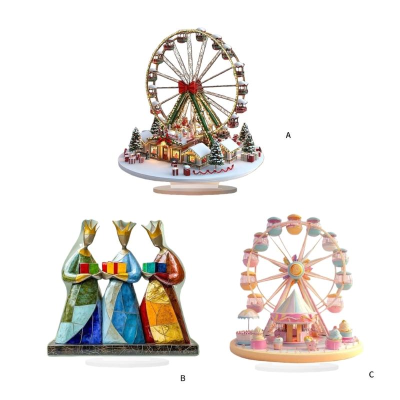 2D Flat Ferris Wheel Sculpture with Base Christmas Home Decoration Desktop Sign Acrylic Figurine Tiered Tray Ornament