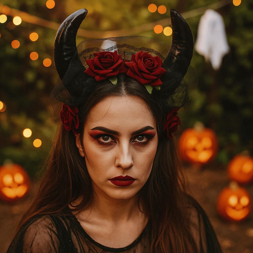Lace Trim Halloween Cow Horns Headband Flowers Design Red Rose Headband  Women's Accessories