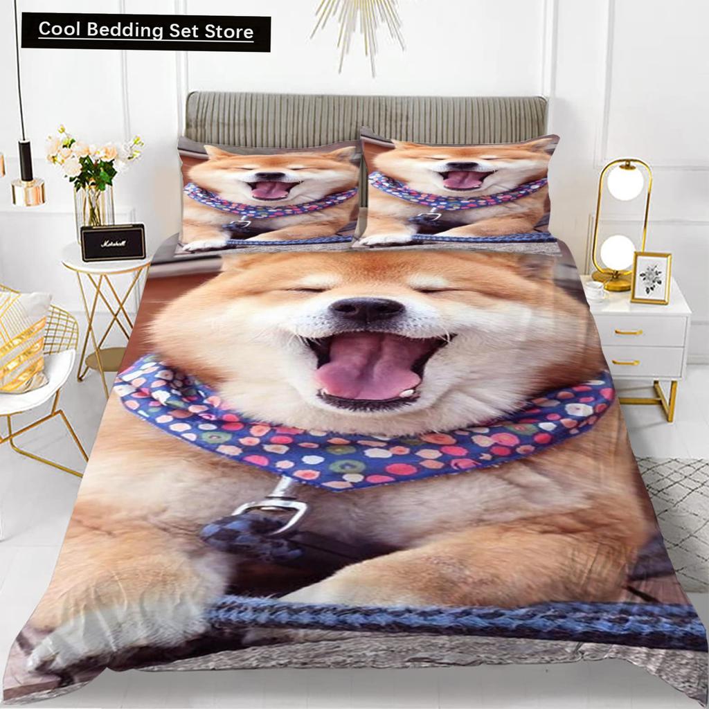 Yellow Shiba Inu King Queen Bedding Set Lovely Puppy Duvet Cover Family Pet Animal Quilt Cover 2/3pcs Polyester Comforter Cover