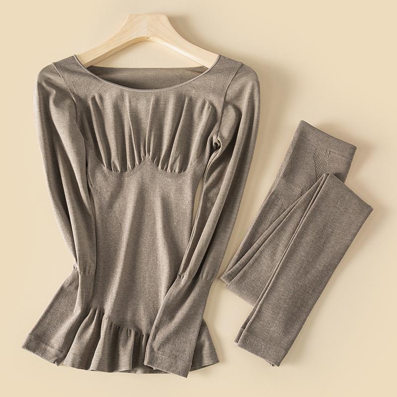 

Женский бесшовный термокомплект - Тонкий, формирующий фигуру, с круглым вырезом, теплый базовый слой для осени/зимы