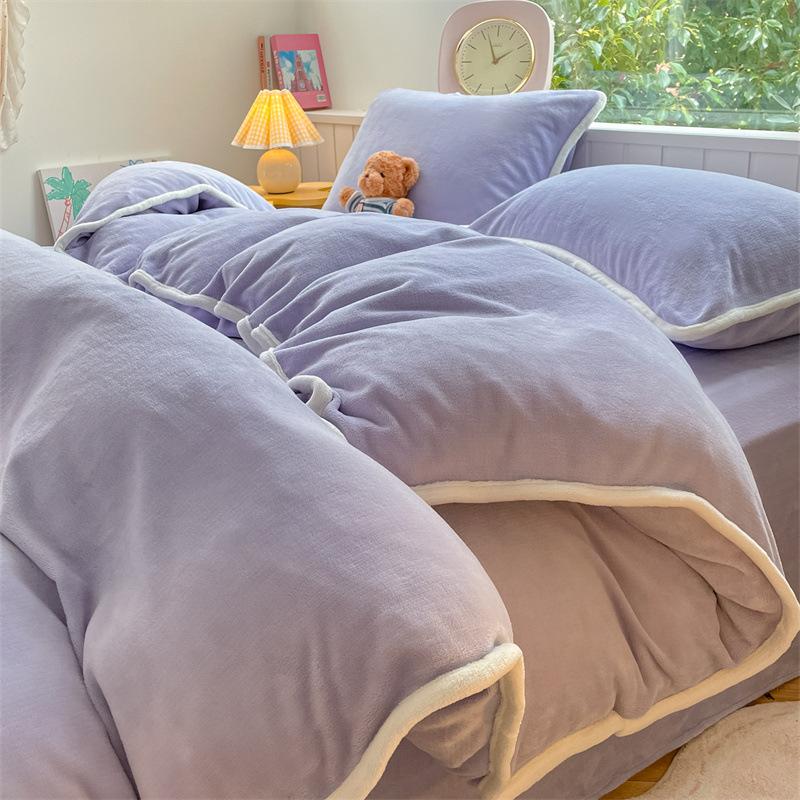 Thickened Milk Fleece Four-Piece Set, Solid Color Coral Fleece Bed Sheet Quilt Cover, Fleece Bedding Three-Piece Set