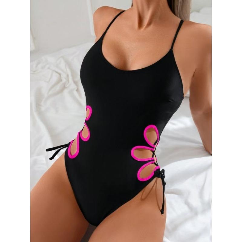 Women's Black One Piece Swimsuit with White Loop Cutout Side Tie Detail - Spaghetti Strap Beachwear