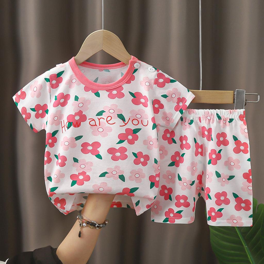 Kids Cotton Short Sleeve 2Pcs Set, Summer Shoulder Snap T-shirt & Shorts for Toddler Boys Girls