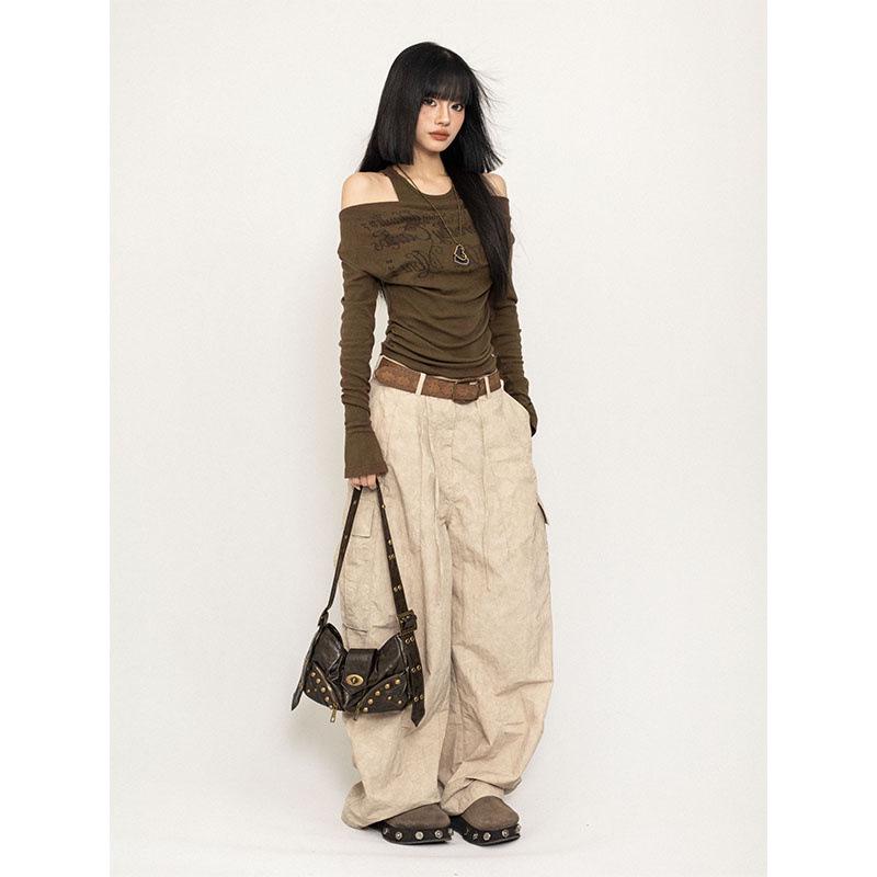 Damen Herbst Retro Ein-Schulter Slim Fit Langarm Oberteil