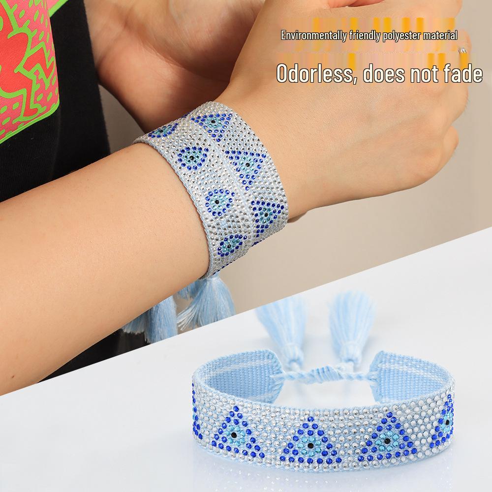Devil's Eye Rhinestone Friendship Bracelet - Blue Eye Handmade Tassel Bracelet