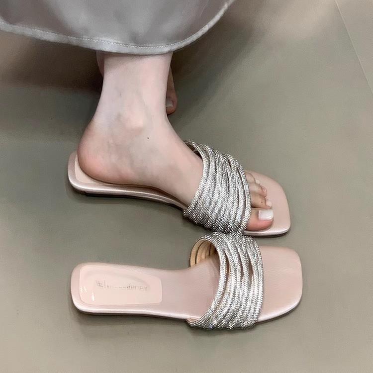 Gentle version~ Fashion one-word slippers women's summer wear lazy rhinestones sweet low-heeled open-toed sandals high-end sense