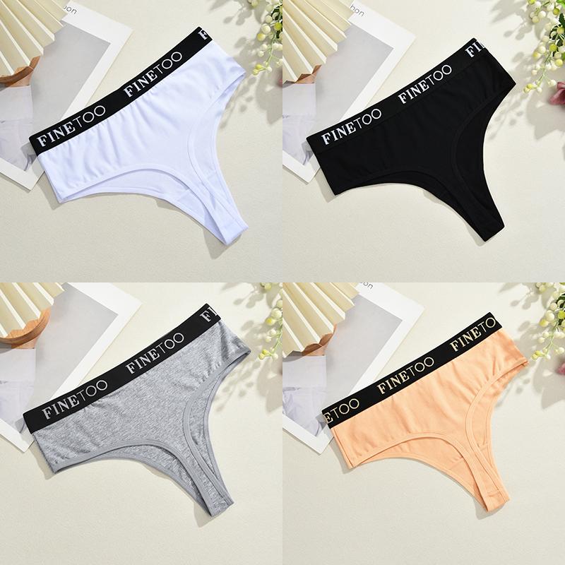 FINETOO 4Pcs Women Cotton Thongs Panties Female Ribbed High Rise G-String Ladies Sexy Bikini 6 Solid Color Girl Soft Intimates
