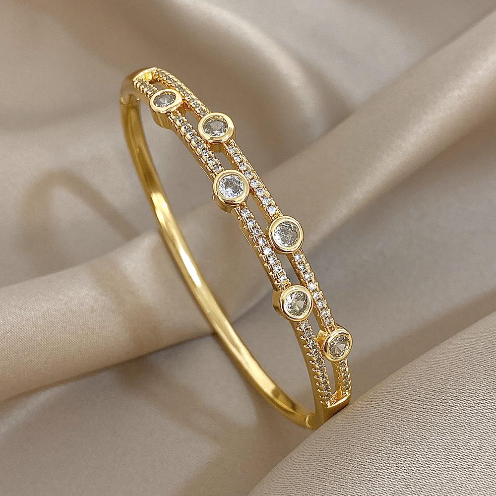 Flashbuy Gold Color Chic Inlaid Zircon Copper Bangle Bracelet For Women Statement New Design Temperament Wrist Fashion Zircon