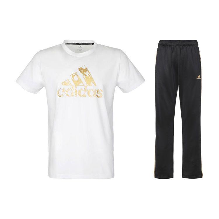 

Adidas Футболка с коротким рукавом и принтом логотипа в виде буквы и полосатые прямые брюки, повседневный спортивный комплект для мужчин ADITSG2P-WG+TR30PR-BG S
