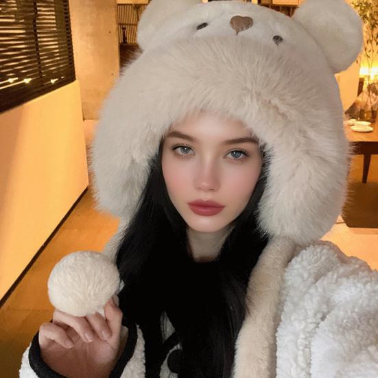 Women Hat Solid Color Thickened Plush Bear Warm Hat