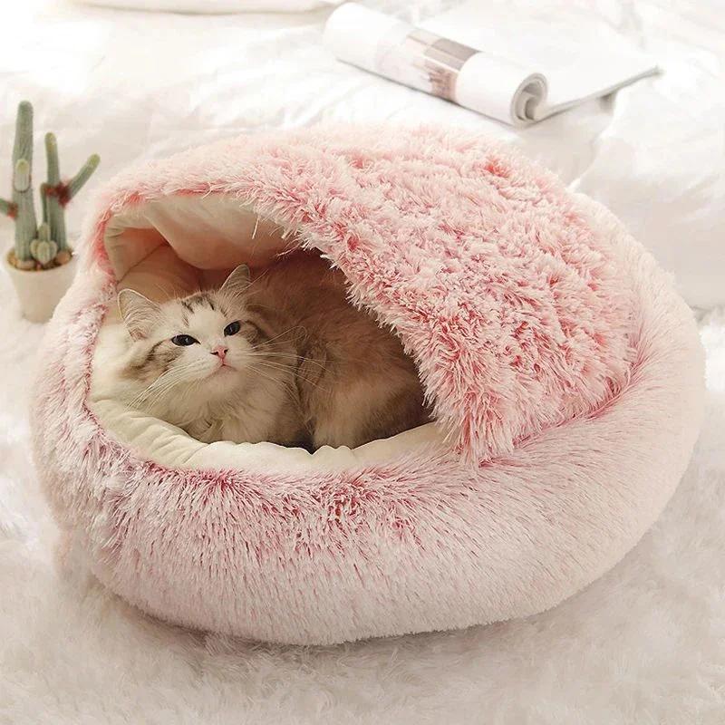 Plush Round Cat Bed Pet Mattress Warm Soft Comfortable Basket Cat Dog 2 In 1 Sleeping Bag Nest for Small Cat Puppy