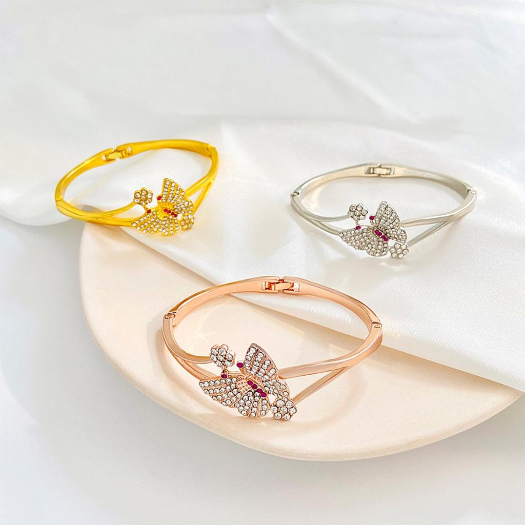 Vintage Full Paved Stone Butterfly Flower Bangle Dual Hollow Curved Band Snap Clasp Floral Insect Statement Wrist Jewelry for Women