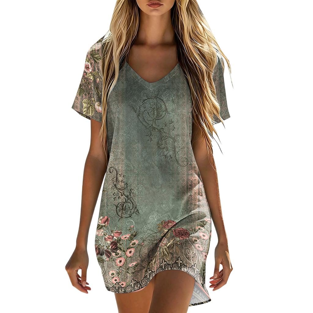 Womens Summer Casual V Neck Short Sleeve Floral Print Dress Lightweight Loose Fit Mini Dress for Daily Wear