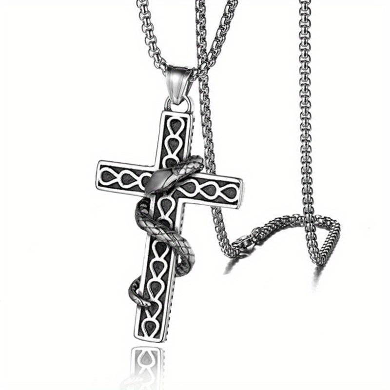 1Pc Snake-wrapped Cross Pendant Necklace, Fashionable and Personalized Gothic Style