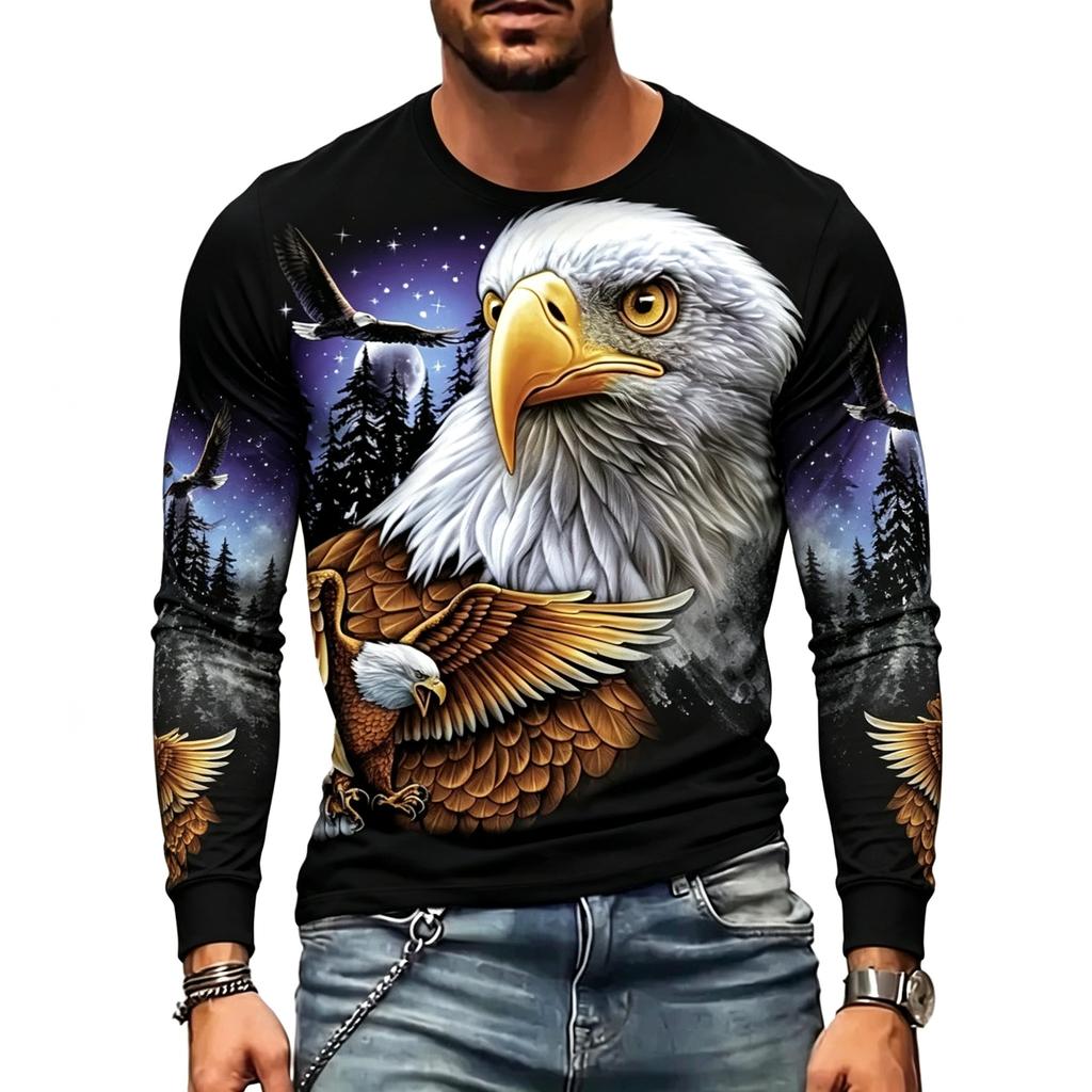 Men's Long Sleeve T-Shirt Bald Eagle Forest Moon 3D Print Casual Outdoor Streetwear Crew Neck Top