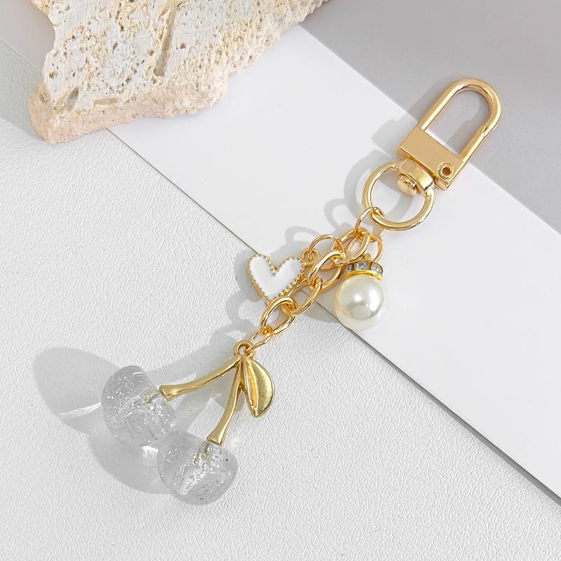 Cute Cherry Keychain With Pearl And Heart Charm Resin Fruit Pendant Bag Accessory For Women Girls