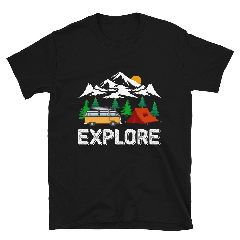 EXPLORE Tent Mountains & Sun Vintage Design Camping Novelty T-Shirt XS