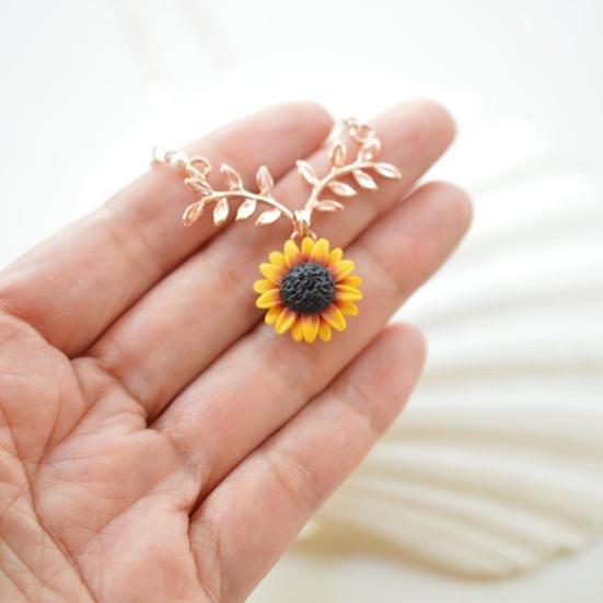 Women Faux Pearl Sunflower Leaf Branch Twig Pendant Necklace Jewelry