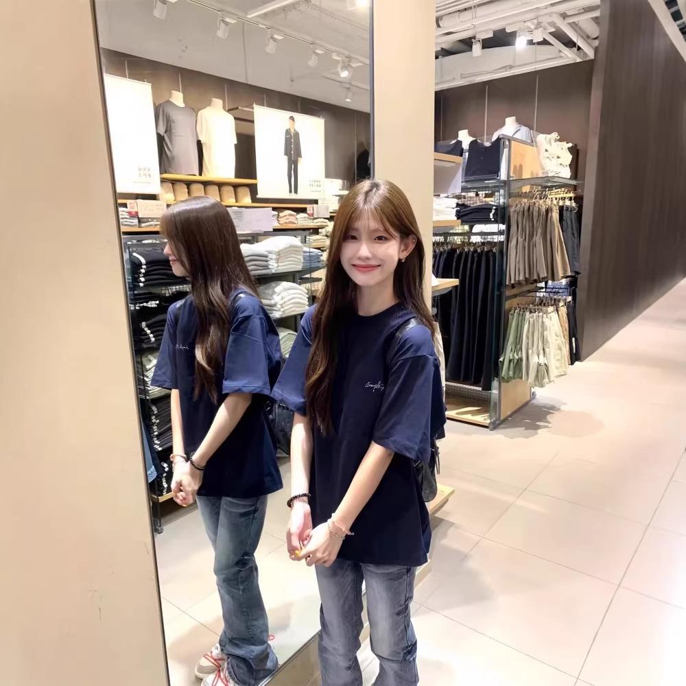 American Navy Blue Cotton Short-sleeved T-shirt Women's New Design Sense Niche Loose and Versatile Half-sleeved Top Summer