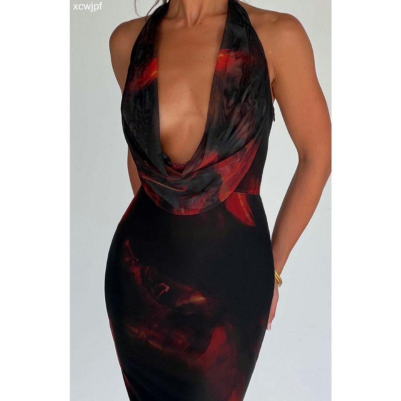 

Fashion Special Women s Clothing 2024 Summer Temperament Printed V-neck Halter Sexy Open Back Dress Long Dress Black L