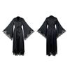 Black & White Satin Morning Robe with Flared Sleeves, Lace Accents, Long Style, Tie Belt, and Train Hem