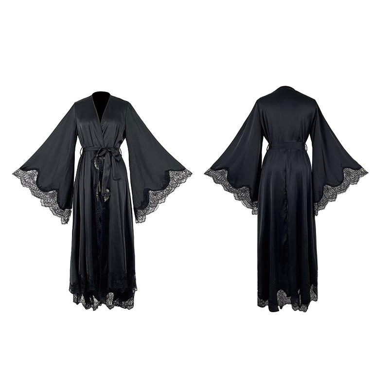 Black & White Satin Morning Robe with Flared Sleeves, Lace Accents, Long Style, Tie Belt, and Train Hem