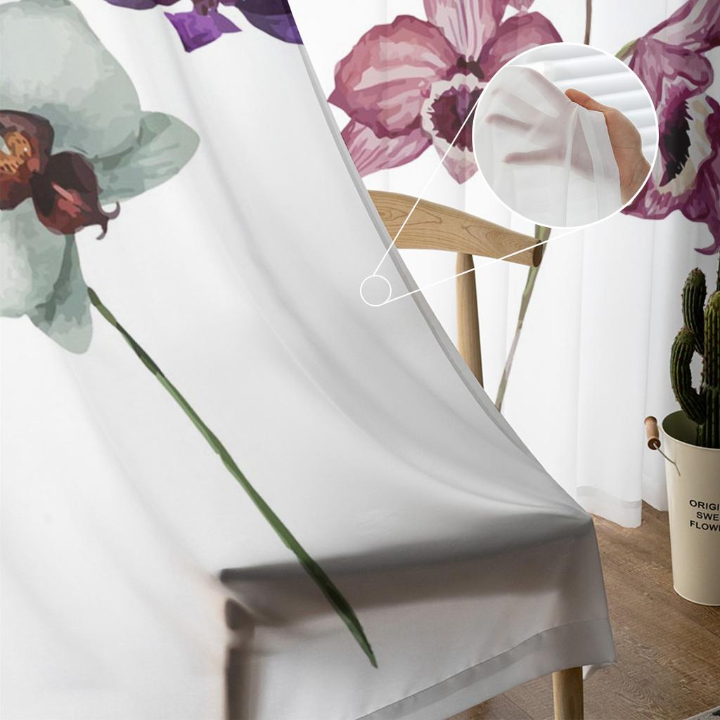 Modern Sheer Curtains Flower Orchid Watercolor Living Room Kitchen Children's Room Decoration Household Chiffon Window Curtains