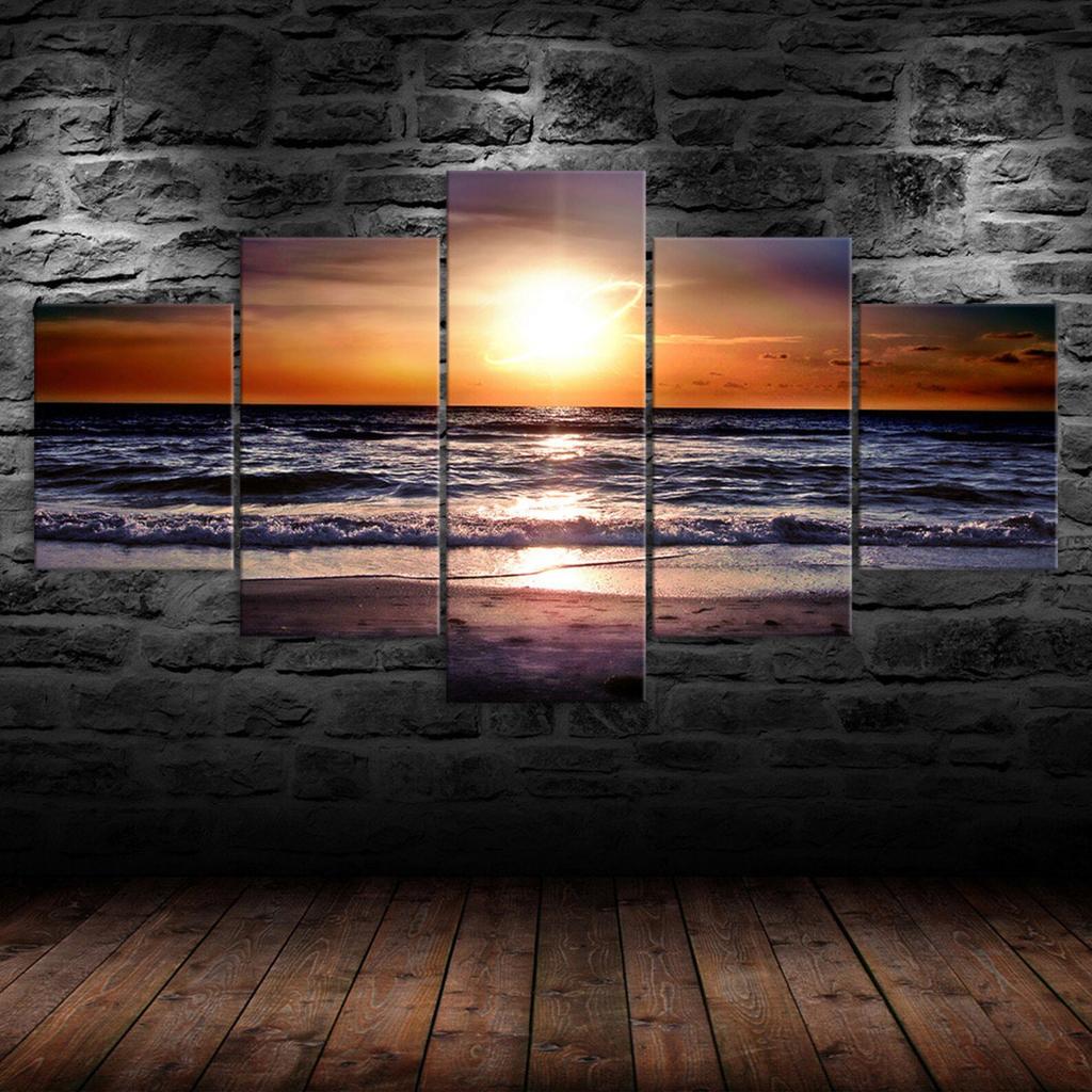 Sunset Beach Sea Waves Canvas 5 Piece Five Panel Wall Print Modern Art Poster Picture Home Decor Gift For Him For Her