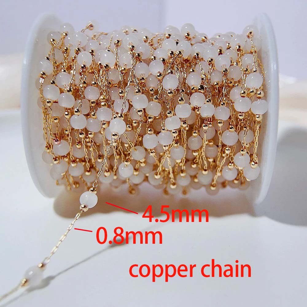 1M Stainless Steel Beaded Chain Elegant White Glass Flat Beads Gold Color Chains for DIY Women Necklace Bracelets Jewelry Making