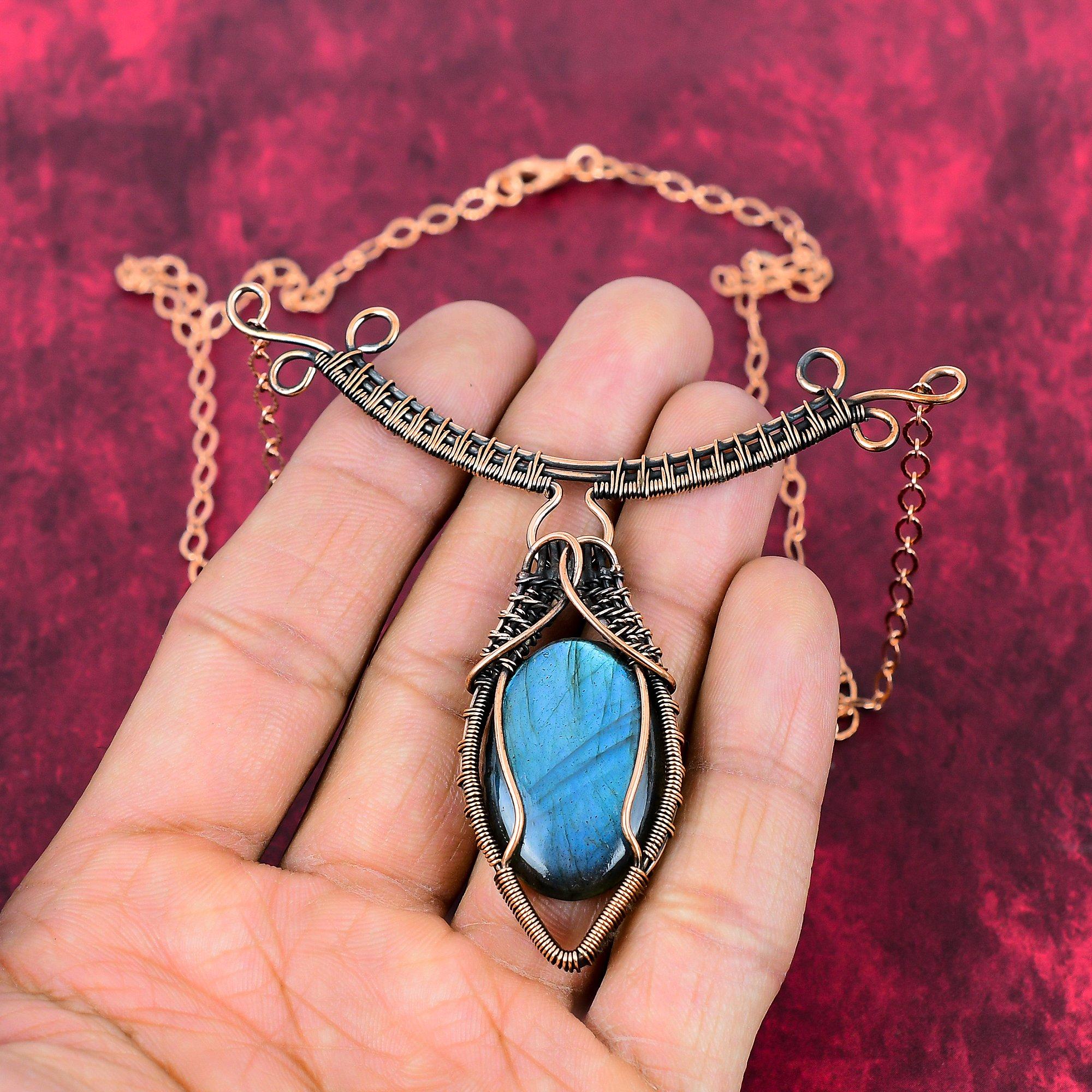 Labradorite Necklace Copper Wire Wrapped Necklace Adjustable Chain Necklace Elegant Copper Jewelry Handmade Gemstone Necklace Wedding Gifts Adjustable
