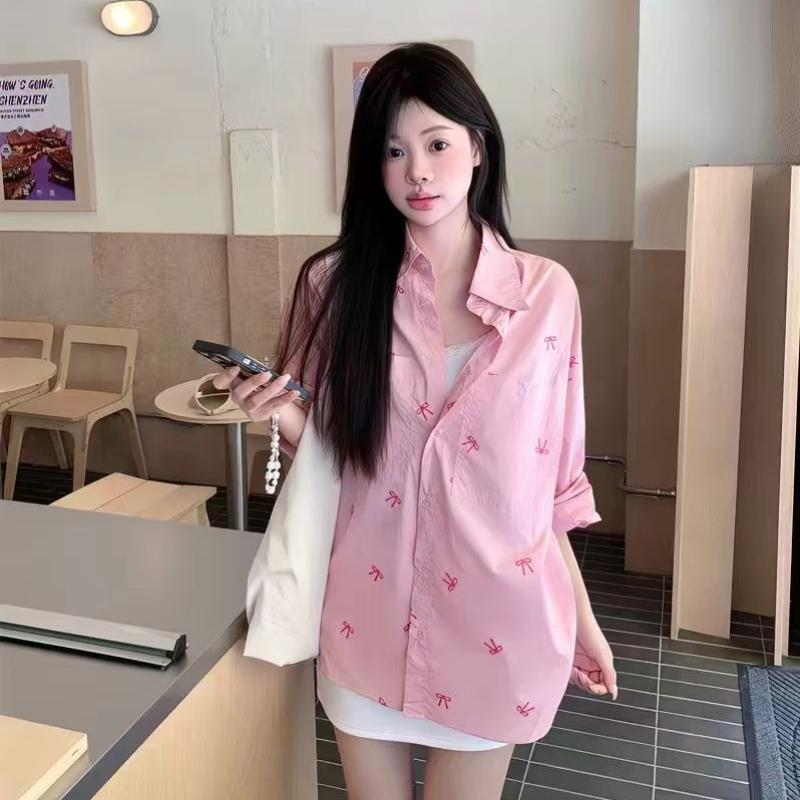 

Solid Color Women s Shirt Bow Print Chest Pocket Turn Down Collar Long Sleeved Blouse Spring New Style Loose Casual Cute Version Female s Top S