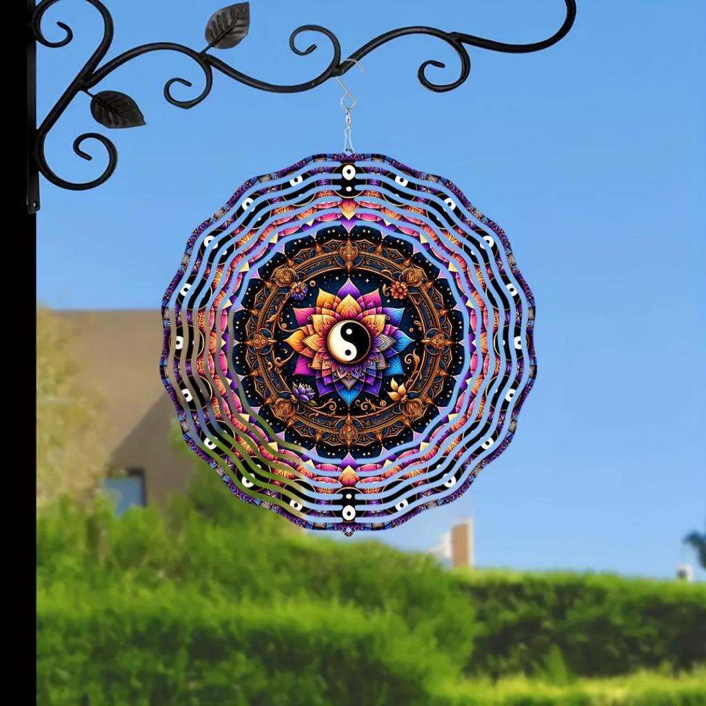 25.4cm 2D Yin Yang Flower Wind Spinner 360° Rotating Hook Laser-Cut Metal Mandala Decor Indoor Outdoor Gift