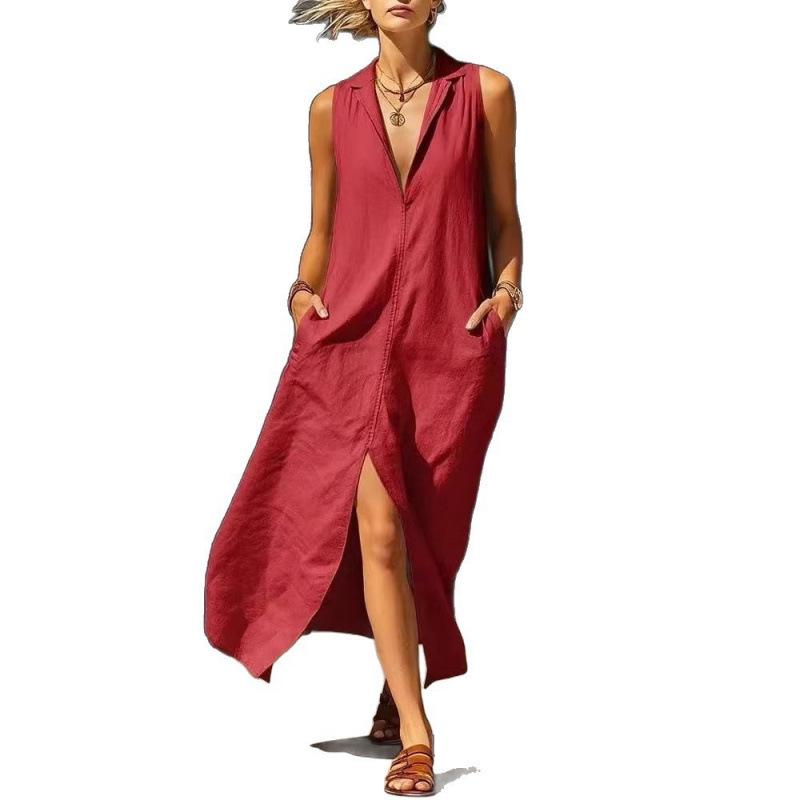 European and American New Women's Clothing, Casual Sleeveless Loose Pocket Women's Long Dress