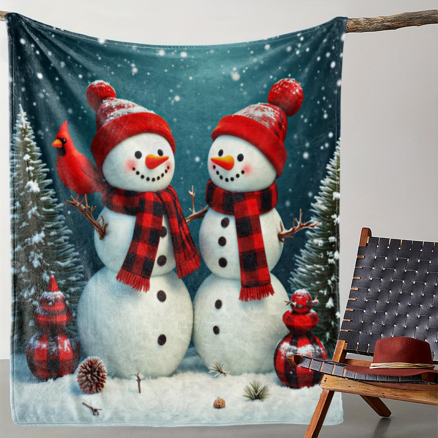 1pc Sdoo Christmas Snowmen Flannel Blanket - Soft Winter Throw with Red Hats & Cardinal Bird, All-Season Cozy Blanket for Couch, 75X95CM