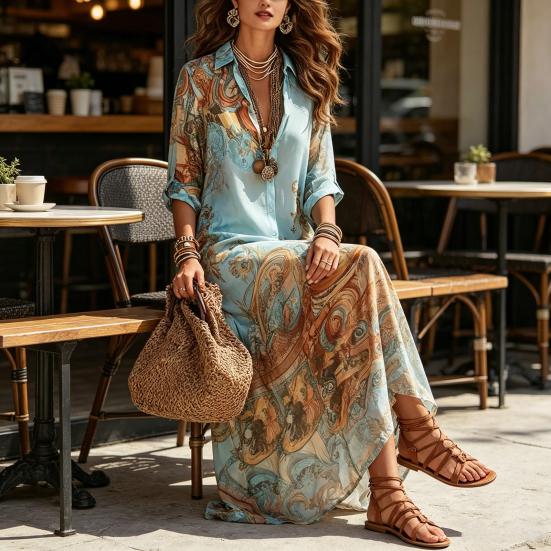 Women's Boho Printed Shirt 46085 Sleeve Maxi Dress Button