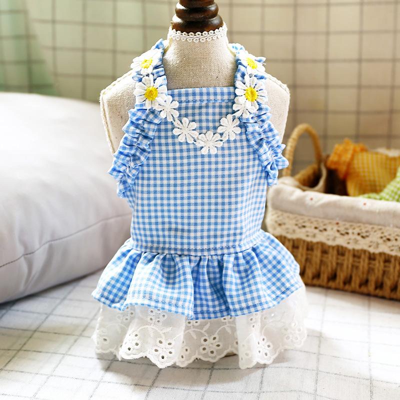 Pet Dog Cat Summer Mini Blue Plaid Sun Lace Dress Pet Clothing