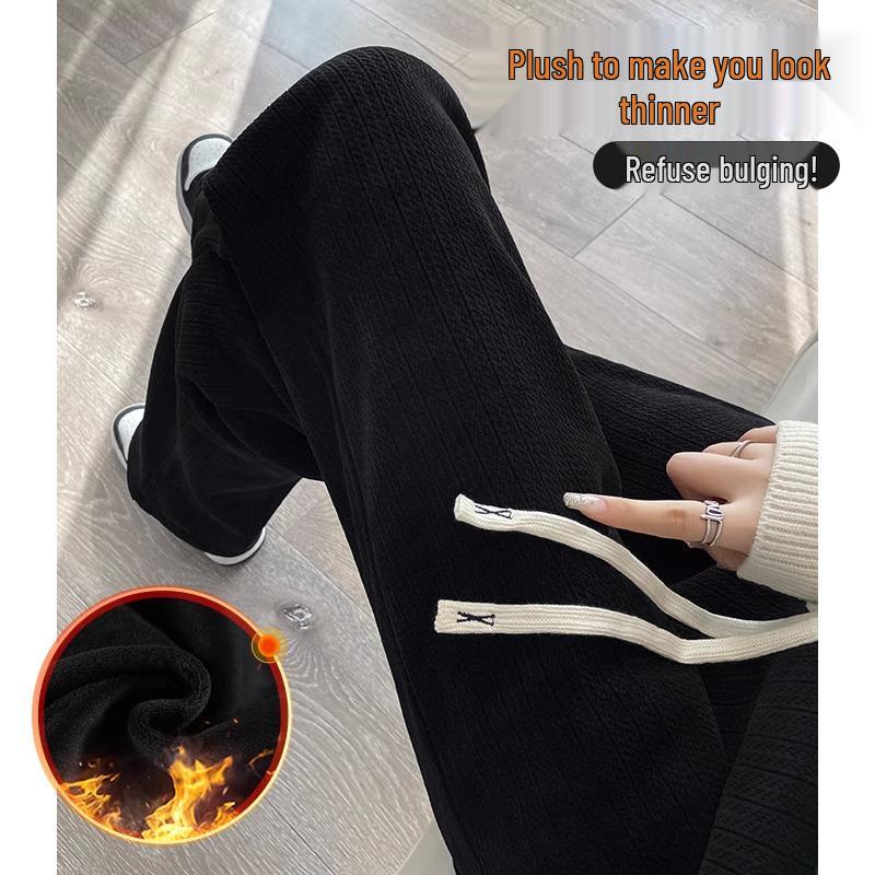

2024 Petite Slim-Fit Black Fleece-Lined Chenille Wide-Leg Pants for Women - New Autumn/Winter L fits 121-134 lbs